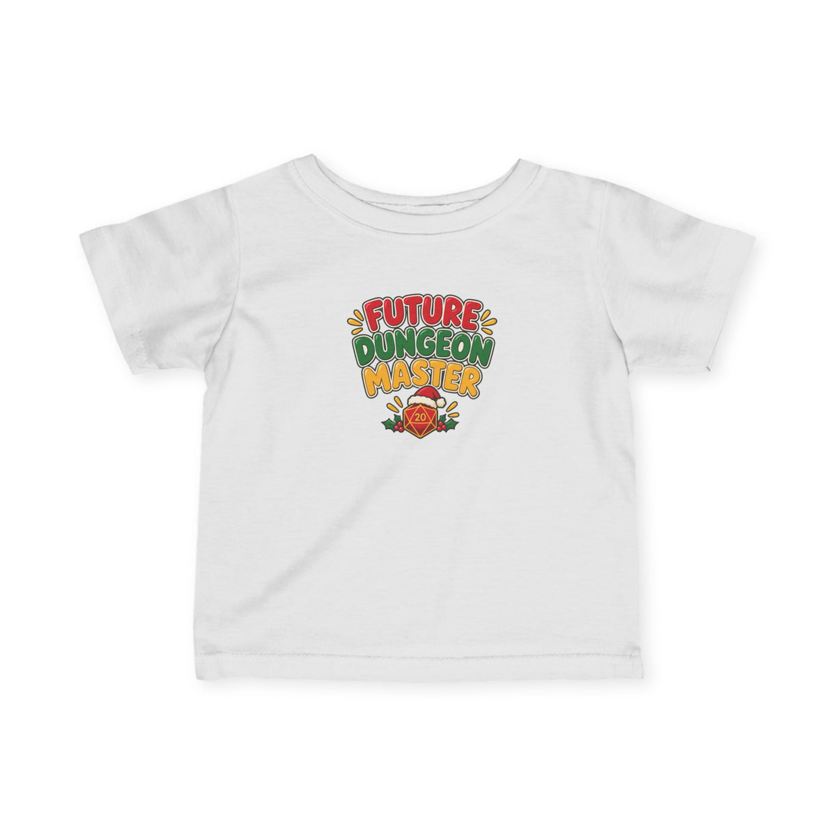 A white short-sleeve baby t-shirt with a colorful graphic on the chest that reads 'FUTURE DUNGEON MASTER' in red, green, and yellow lettering, accompanied by a small D20 graphic, shown on a plain white background.