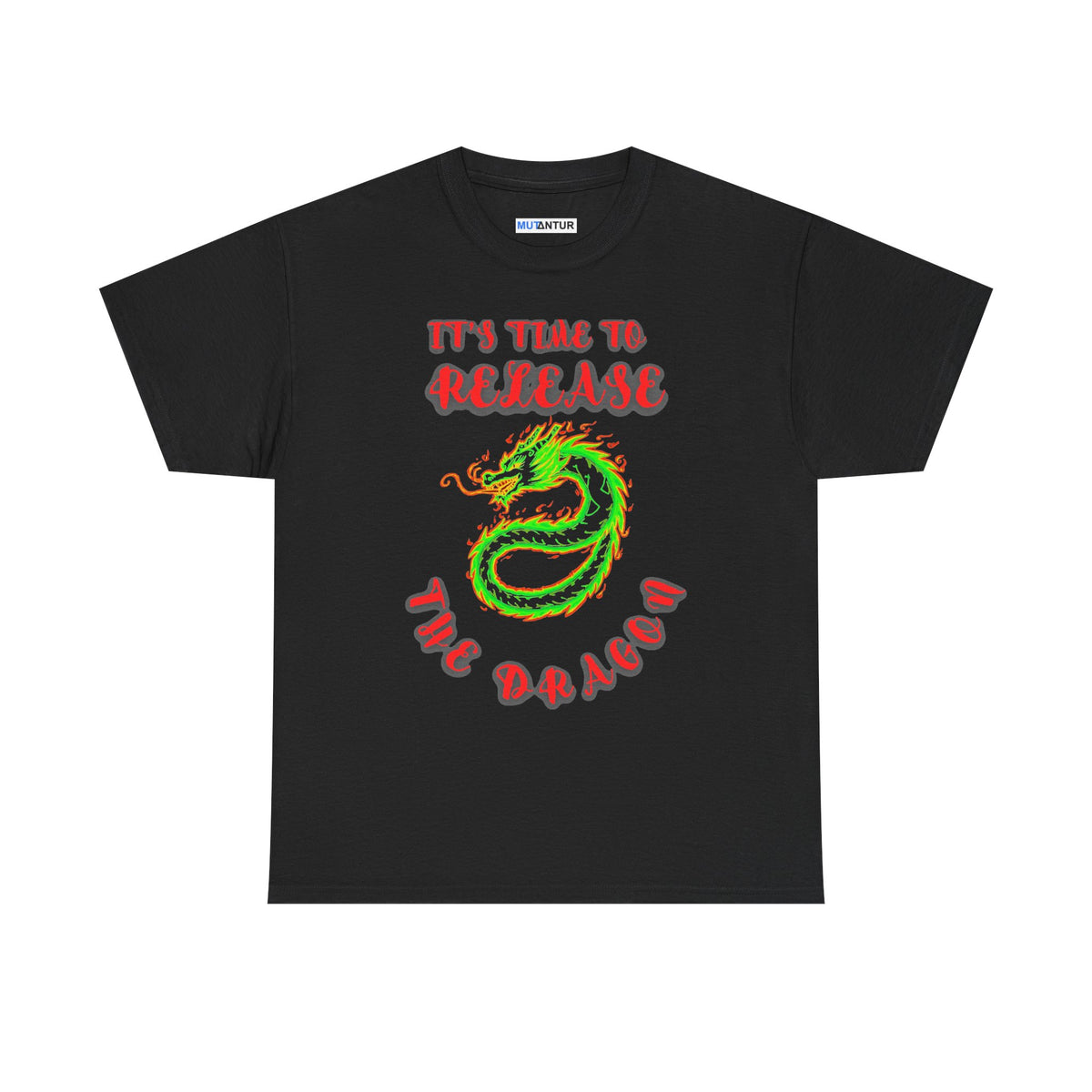 It's Time to Release the Dragon green fire dragon graphic t-shirt in black, front view