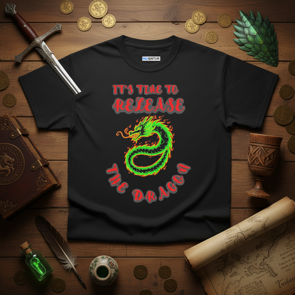 It's Time to Release the Dragon green fire dragon graphic t-shirt in black, flat lay styled with a sword, gold coins, and fantasy props