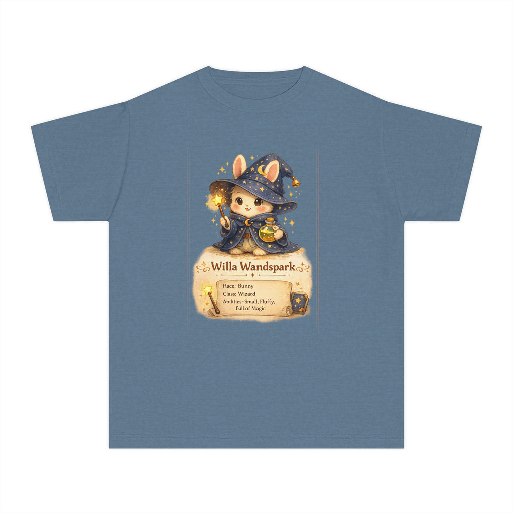 Blue t-shirt with a bunny wizard in a holding a wand, standing on a scroll with 'Willa Wandspark' written on it.