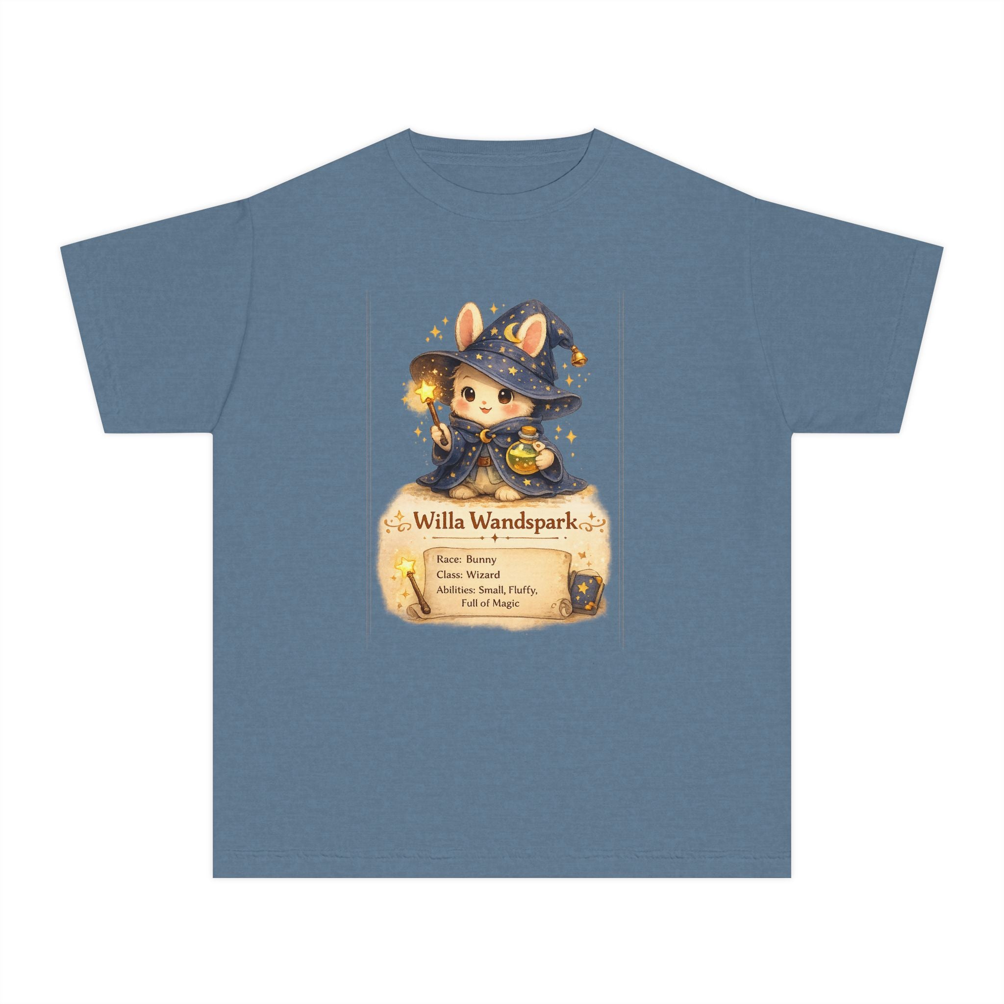 Blue t-shirt with a bunny wizard in a holding a wand, standing on a scroll with 'Willa Wandspark' written on it.