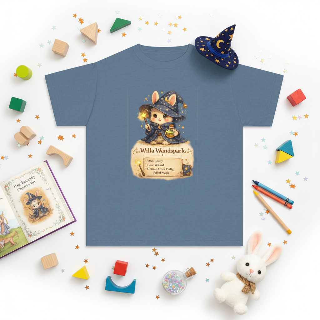 Blue t-shirt with a bunny wizard in a holding a wand, standing on a scroll with 'Willa Wandspark' written on it.