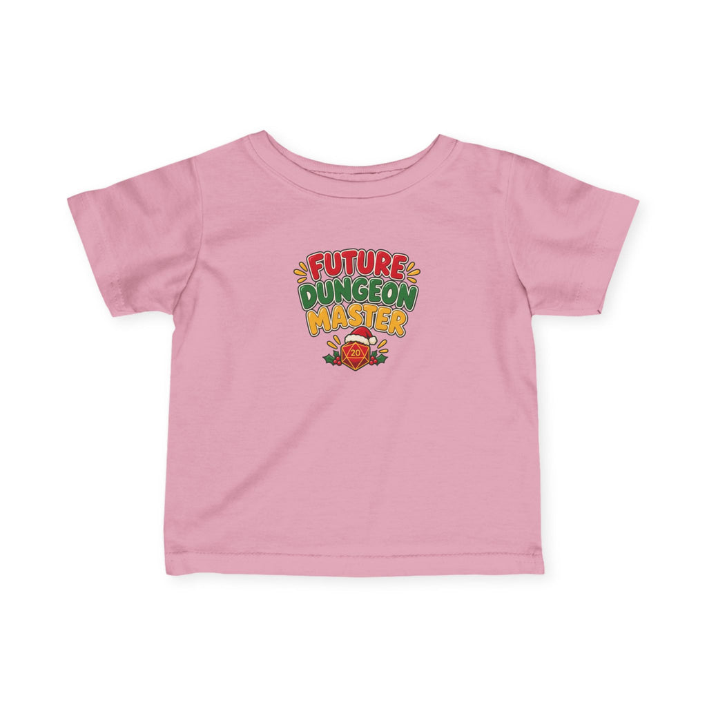 A pink short-sleeve baby t-shirt with a colorful graphic on the chest that reads 'FUTURE DUNGEON MASTER' in red, green, and yellow text, featuring a small D20 wearing a Santa hat