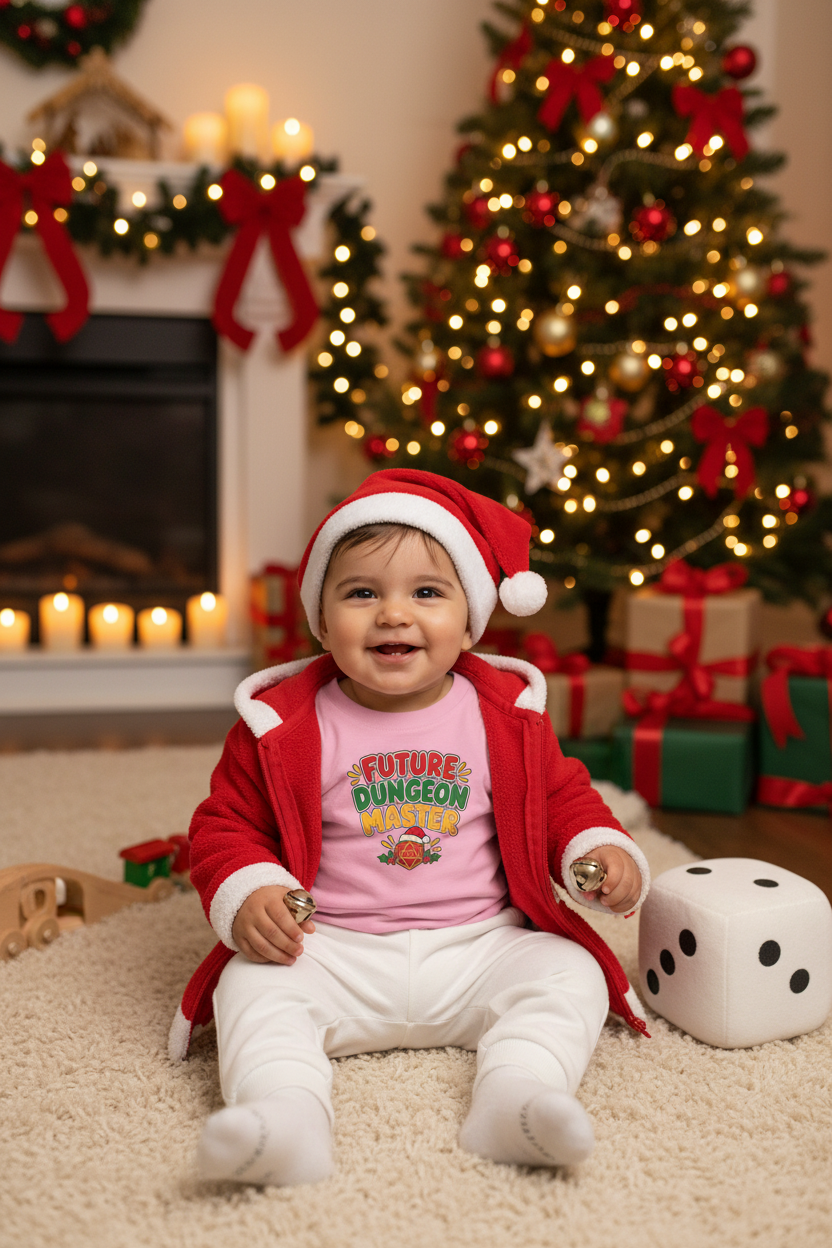 A baby sitting on a carpet in a cozy Christmas setting, wearing a red Santa hat, a red zip-up hoodie, and a pink graphic t-shirt that says 'FUTURE DUNGEON MASTER'