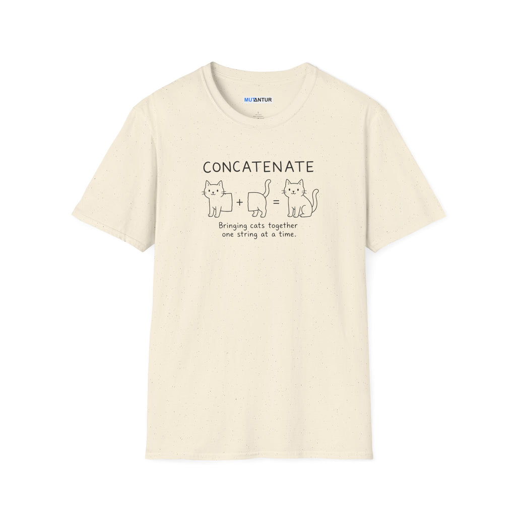 A cream-colored short-sleeve t-shirt with a black graphic print on the front. The graphic features the word 'CONCATENATE' above three cartoon cats and the phrase 'Bringing cats together one string at a time.