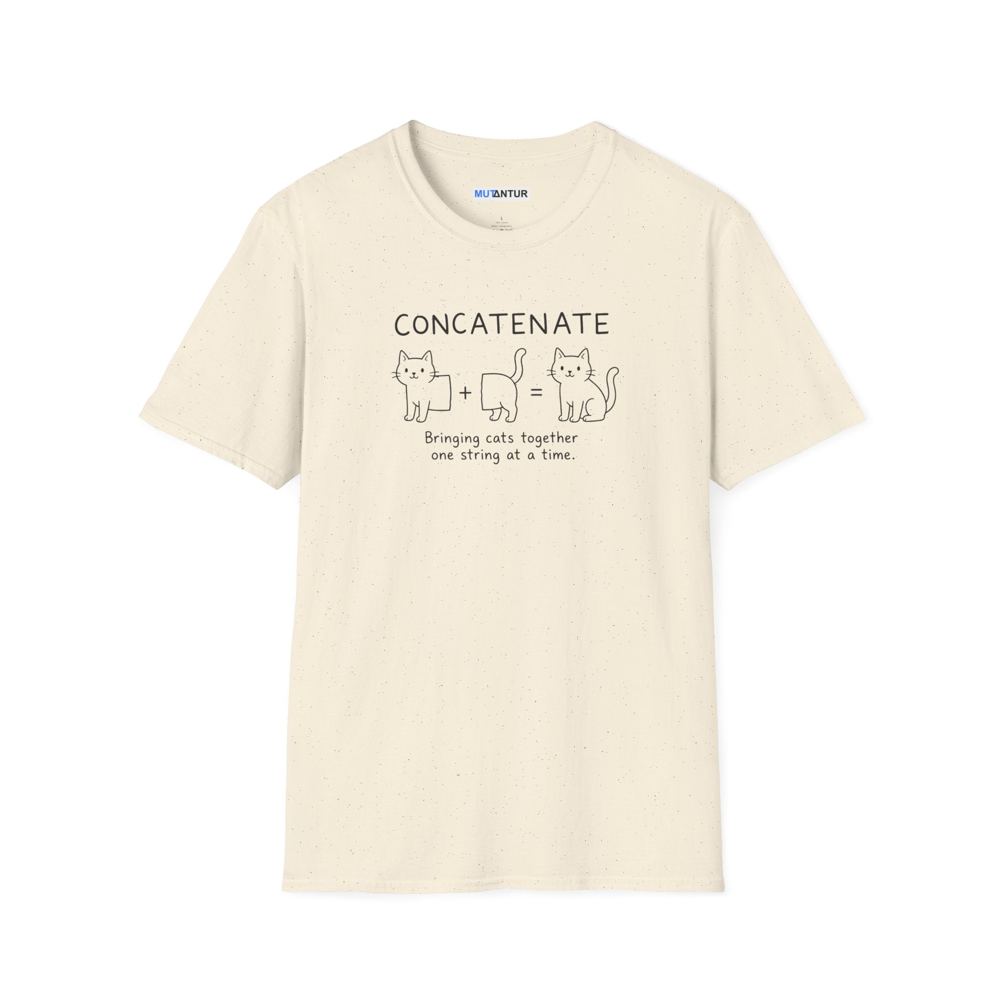 A cream-colored short-sleeve t-shirt with a black graphic print on the front. The graphic features the word 'CONCATENATE' above three cartoon cats and the phrase 'Bringing cats together one string at a time.