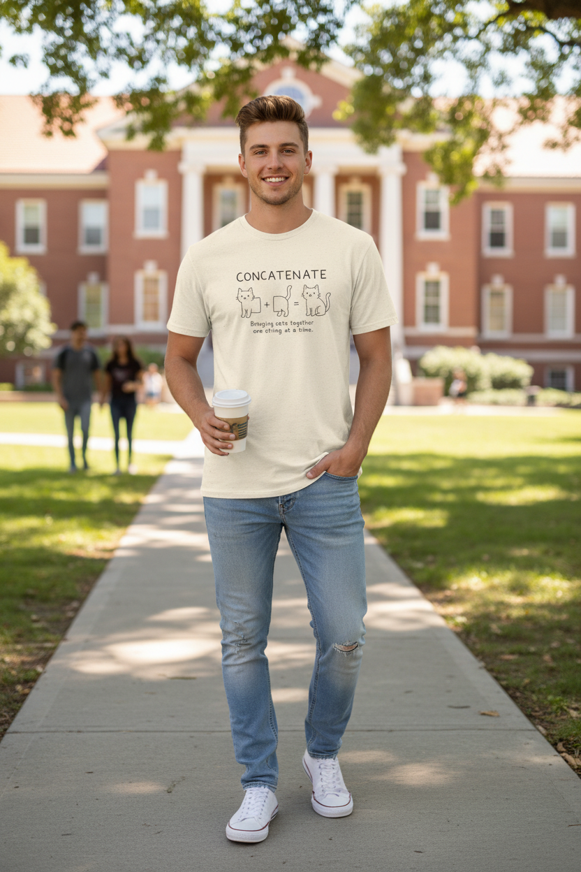 Concatenate Cat T-Shirt — Cute Programming/Cat Lover Tee ("Bringing cats together one string at a time")