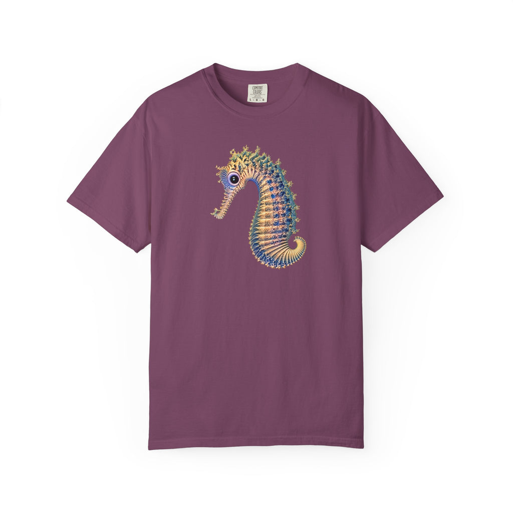 A short-sleeve crewneck t-shirt in a dusty purple color, featuring a colorful graphic of a seahorse on the center chest, displayed against a solid white background.