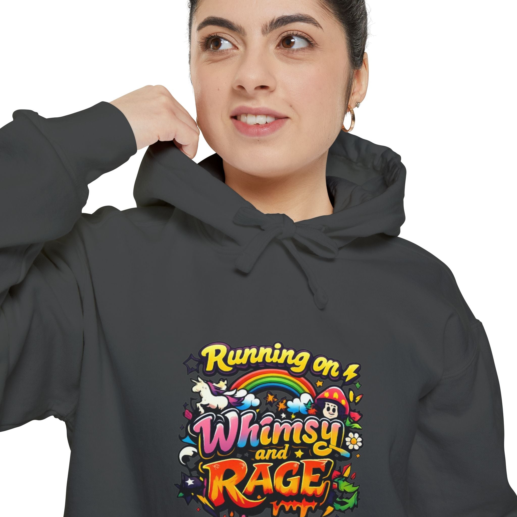 Hoodie — "Running on a Whimsy and Rage" Colorful Graphic Pullover