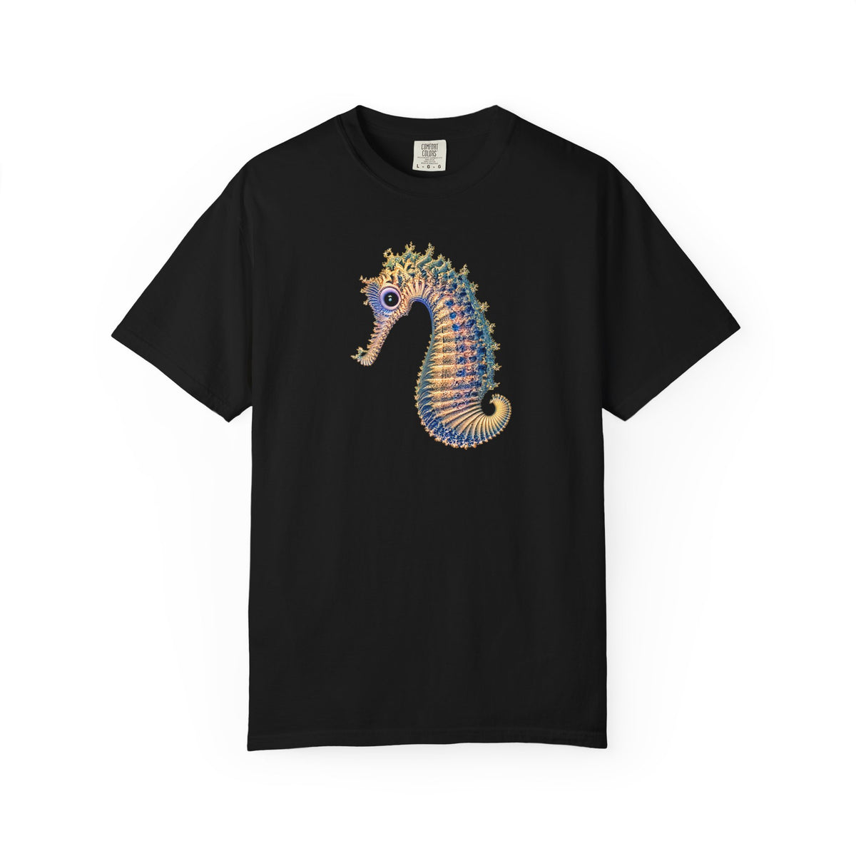 black crew neck t shirt with a colorful sea horse design against a white background