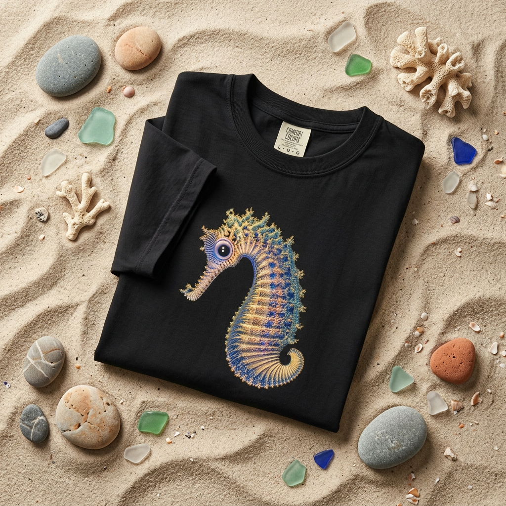 A folded black t-shirt with a colorful seahorse graphic, styled in a flat lay on a sandy beach surrounded by seashells, pebbles, and coral.