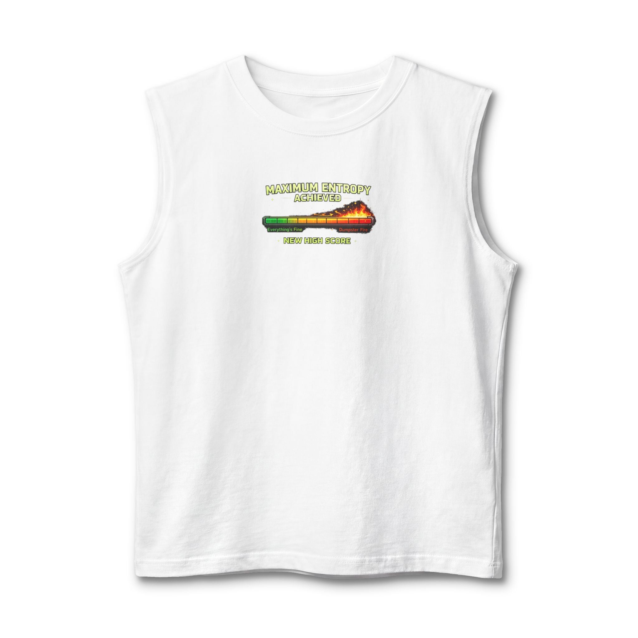 A white sleeveless muscle tank top featuring a small graphic on the chest with the text ' Maximum Entropy Achieved' 