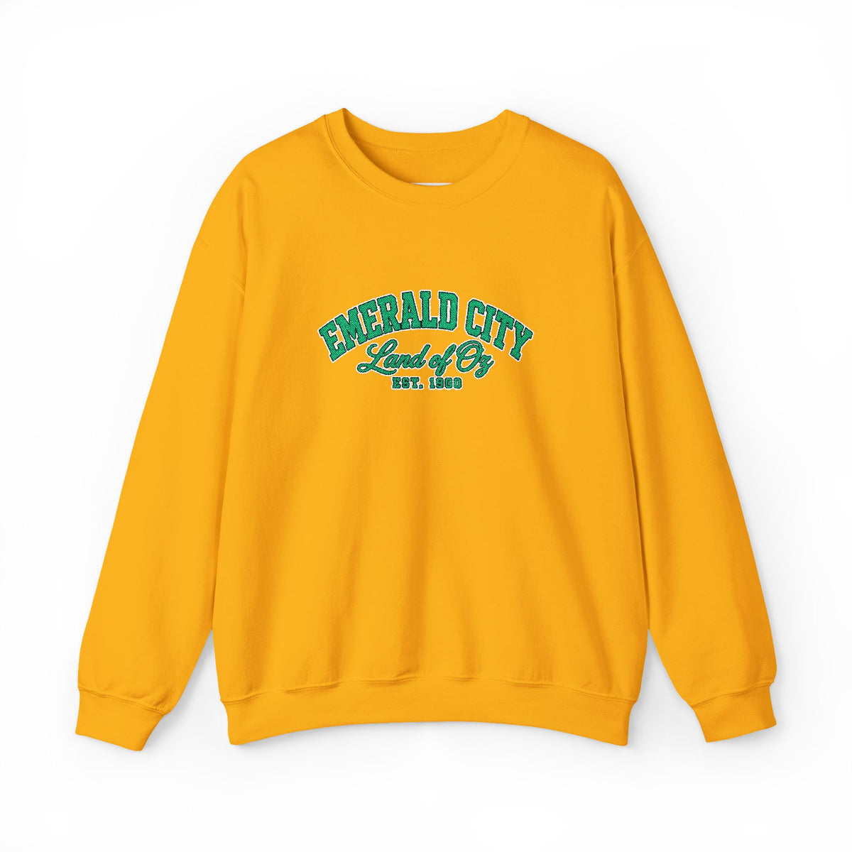 A yellow crewneck sweatshirt with 'EMERALD CITY Land of Oz EST. 1900' printed in green on the chest, displayed against a plain white background.