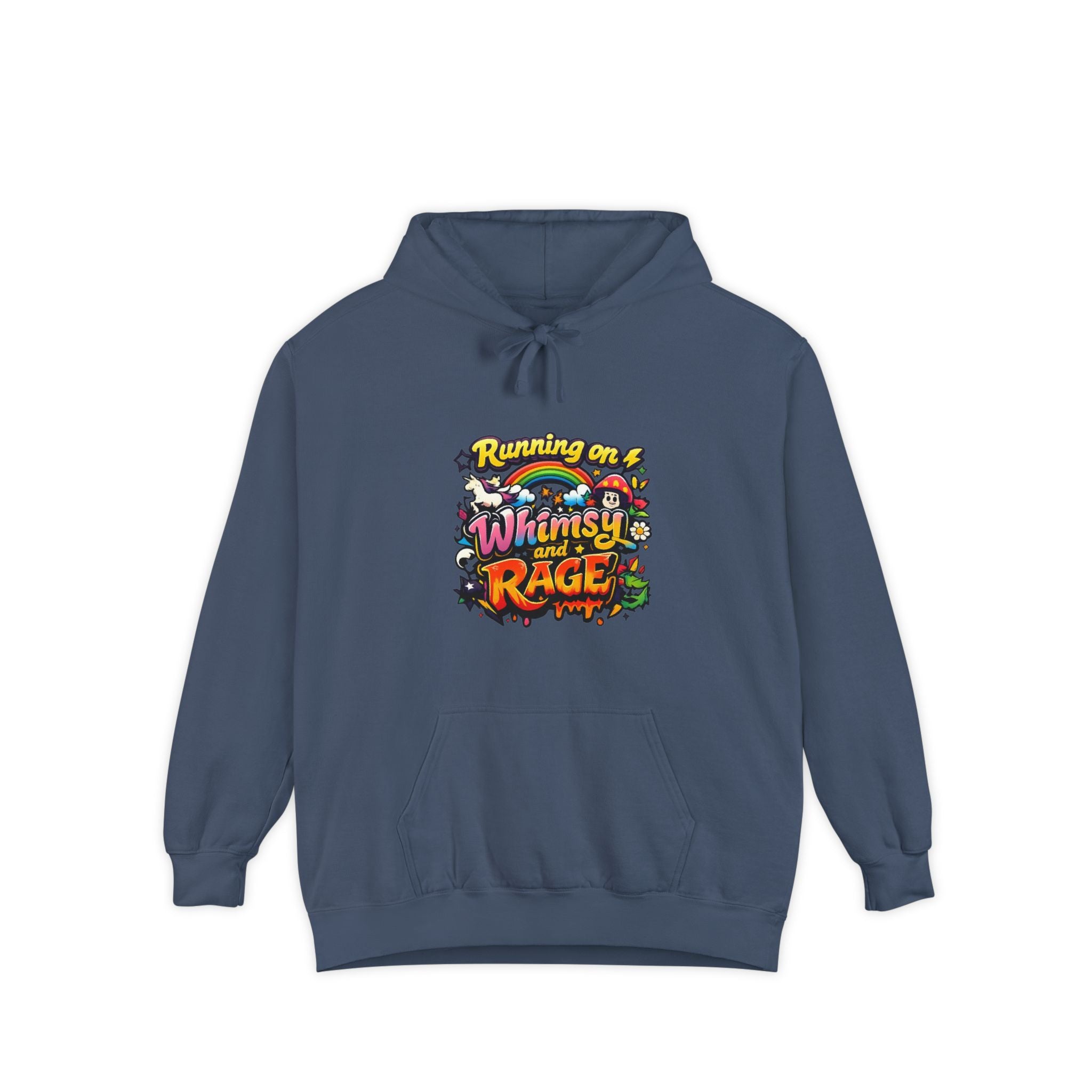 Hoodie — "Running on a Whimsy and Rage" Colorful Graphic Pullover