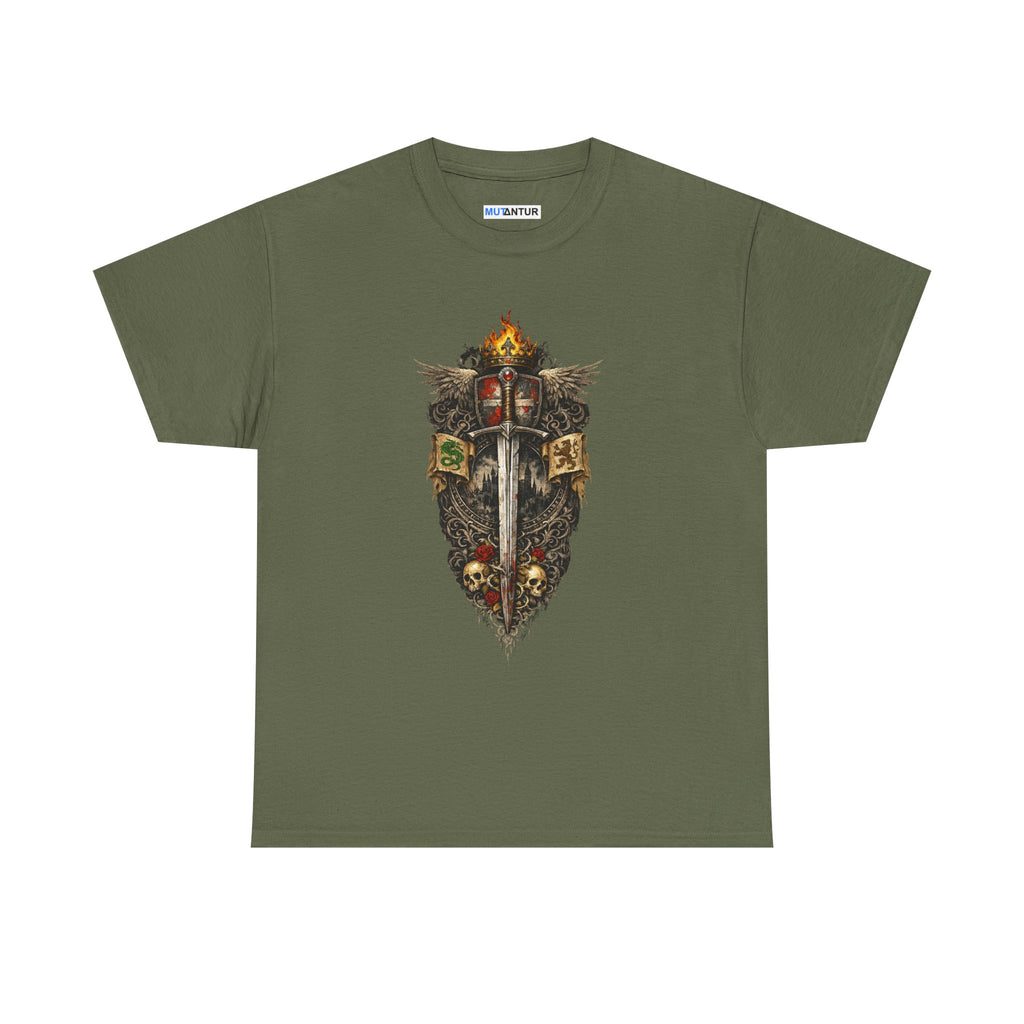 Medieval Sword & Shield T-Shirt — Fantasy Knight Crest Tee - Mutantur Labs LLC