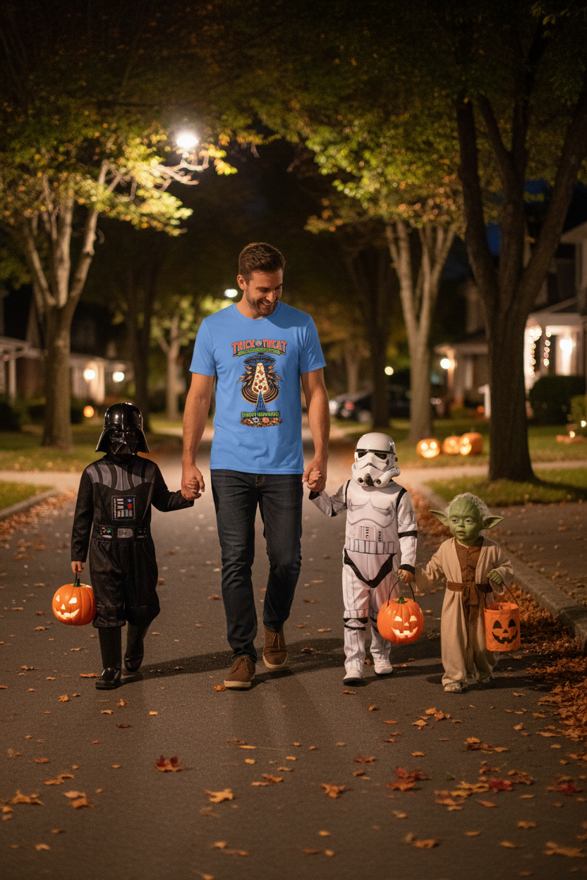 Trick or Treat UFO T-Shirt — Retro Halloween Alien Candy Abduction Tee