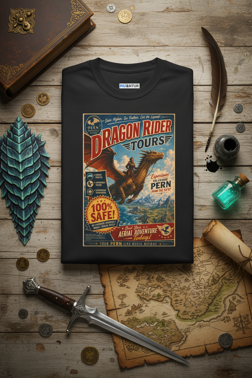 Dragon Rider Tours vintage poster tee, fantasy travel graphic, close-up of design