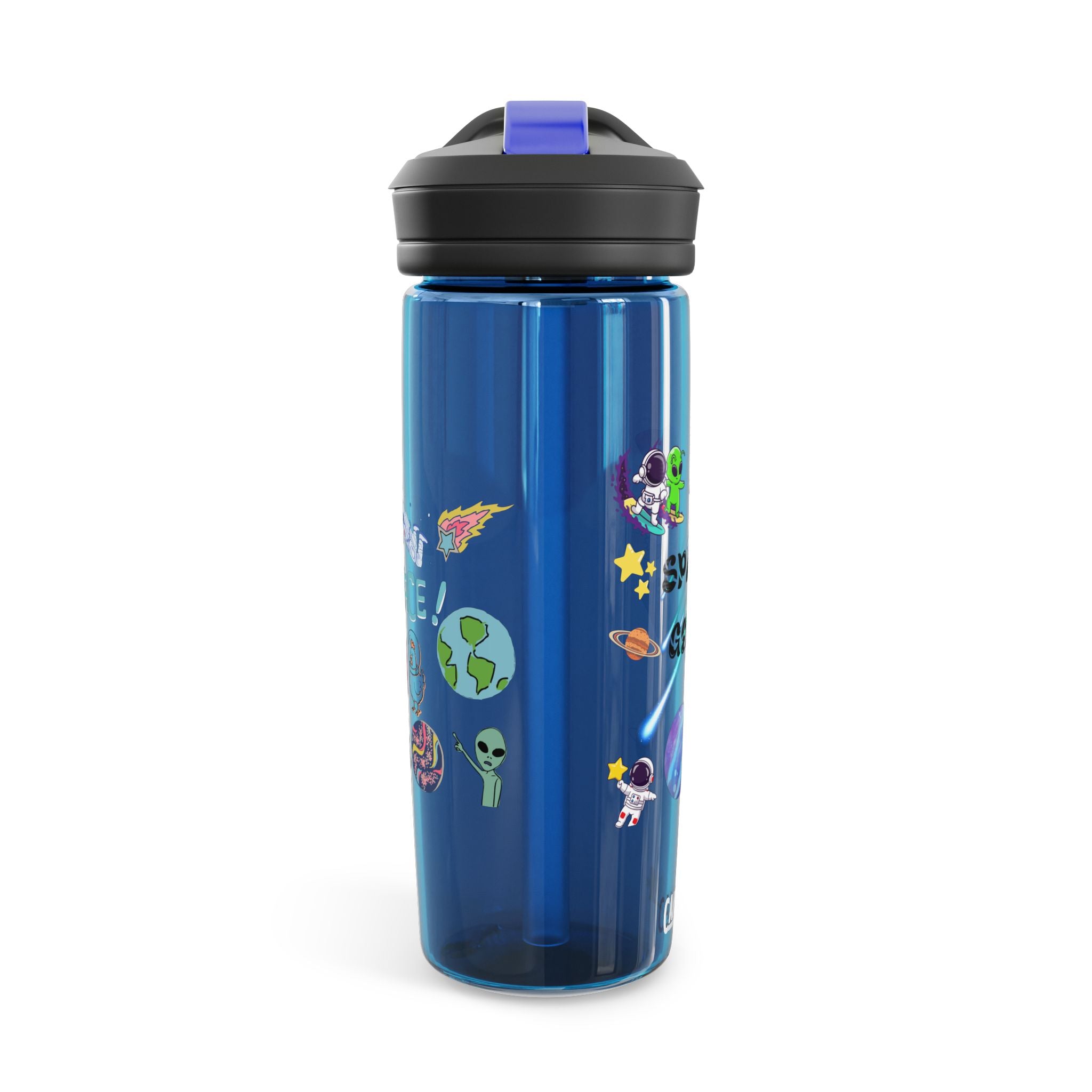 Space Geek Water Bottle — Blue CamelBak Eddy 20oz with Cute Alien & Rocket Design