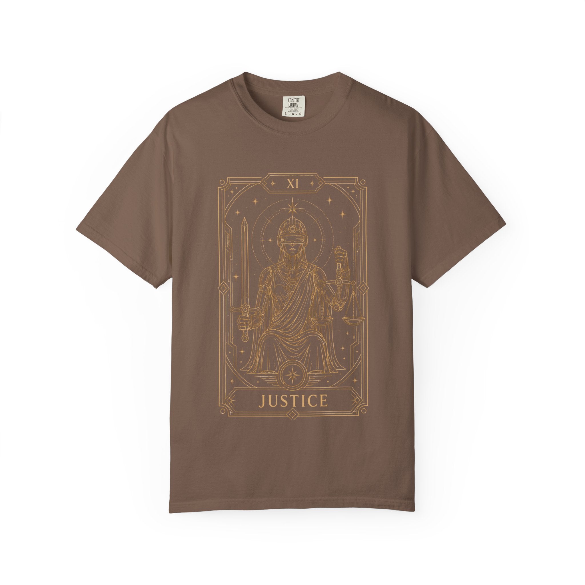 a brown crewneck shirt featuring Justice from the Future Arcana collection, inspired by the Justice tarot card. A futuristic blindfolded guardian holds a sword and balanced scales within an elegant Art Deco celestial frame rendered in vintage gold line art on a transparent background.