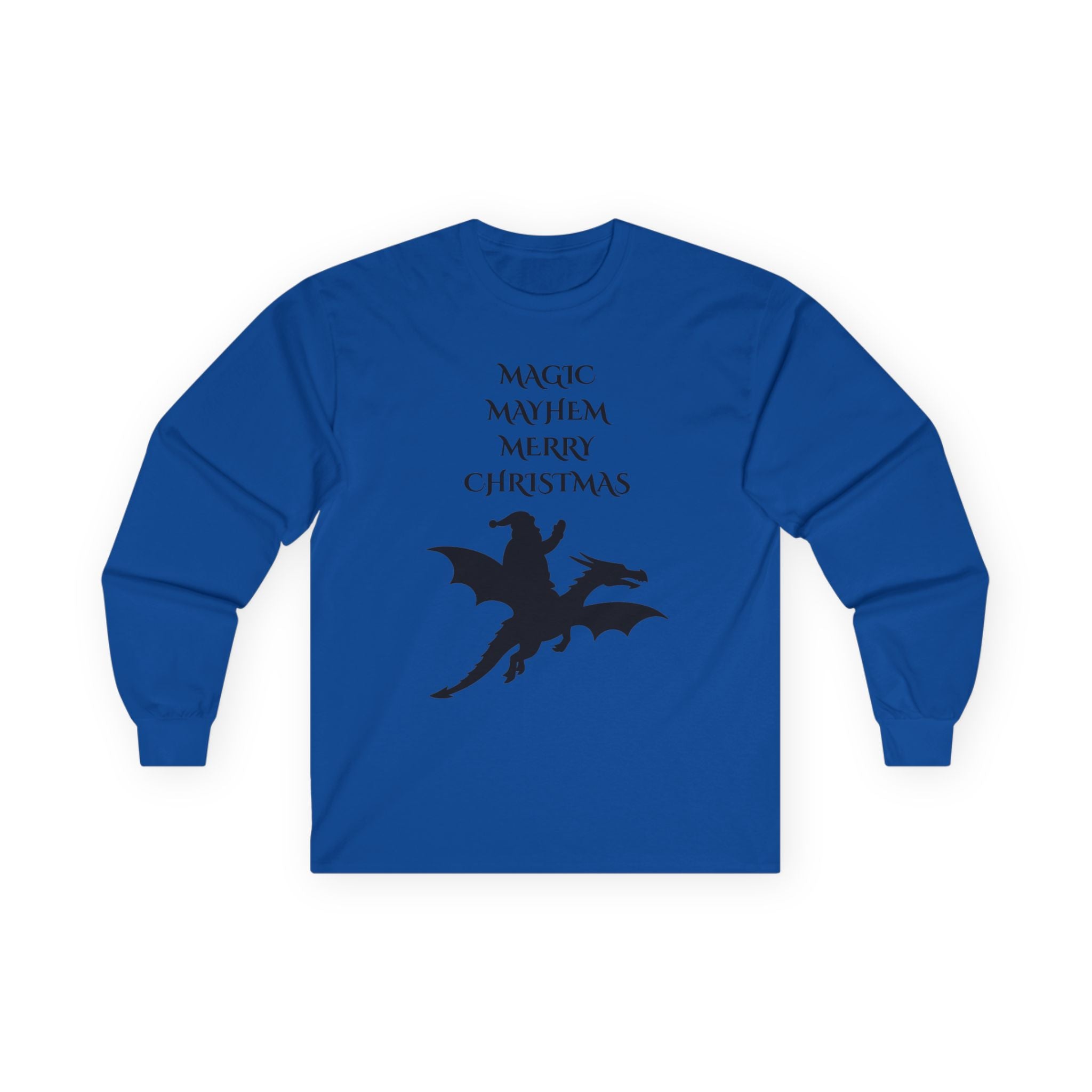 Magic Mayhem Merry Christmas Long Sleeve | Santa Dragon Silhouette Holiday Shirt