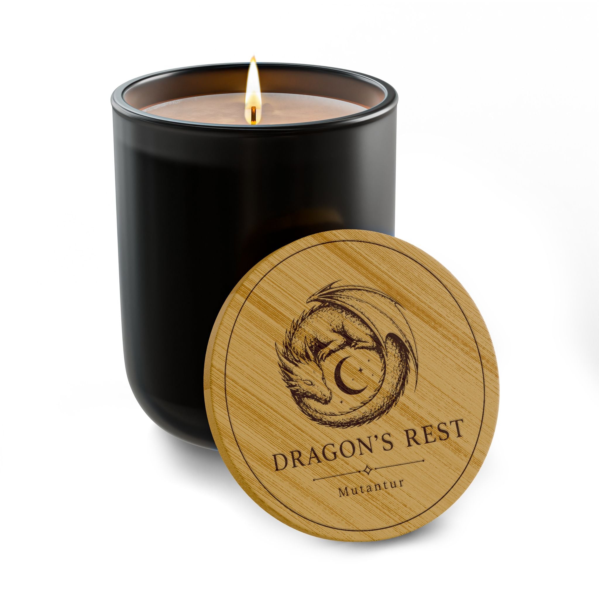 Dragon's Rest Emblem Soy Candle — 14oz Scented Candle with Engraved Bamboo Lid - Mutantur Labs LLC