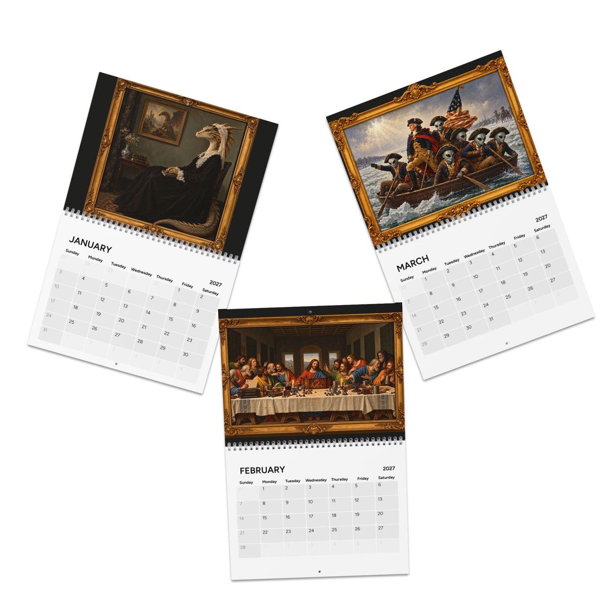 Three spiral-bound wall calendars displayed on a white background, each showing a different month: January, March, and February. The pages feature classical paintings framed in ornate gold borders, with the calendar grids below.