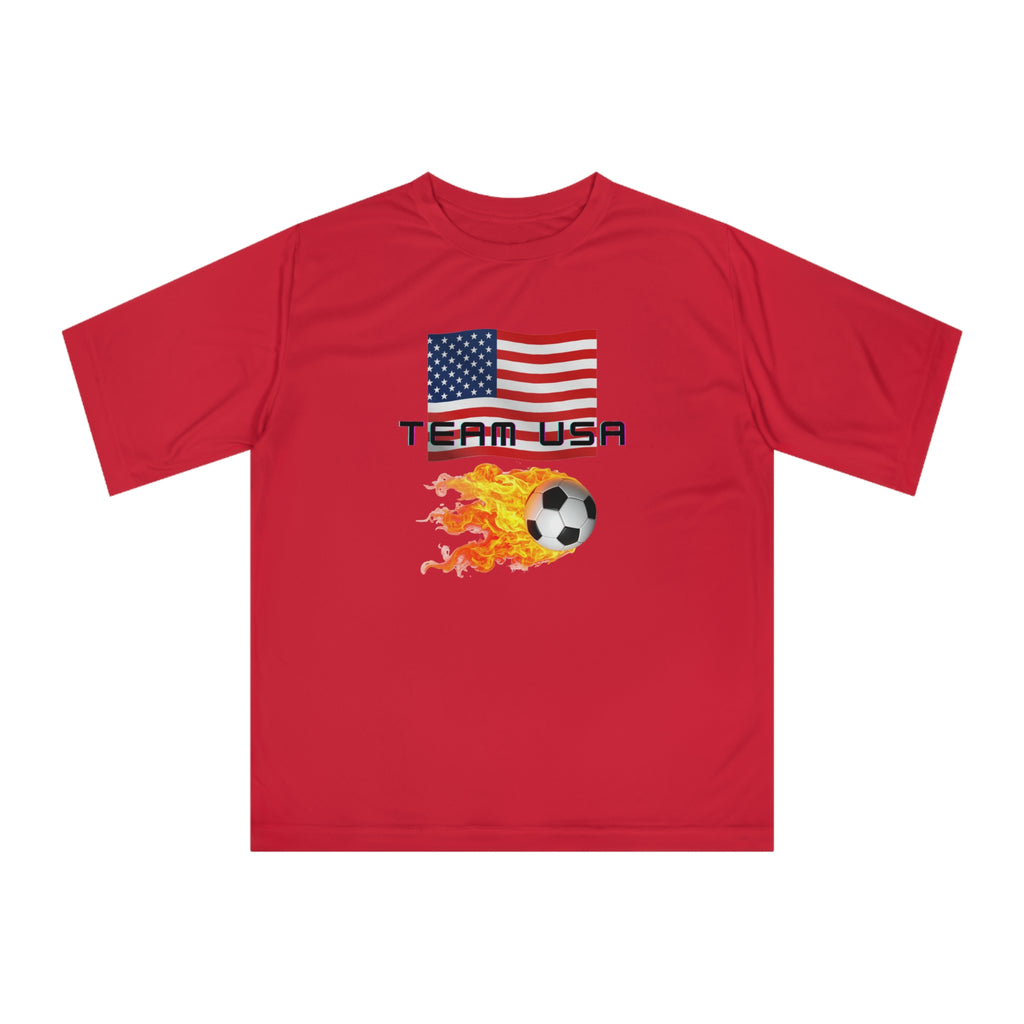 Team USA Flaming Soccer Ball T-Shirt — American Flag Soccer Tee with SPF protection - Mutantur Labs LLC