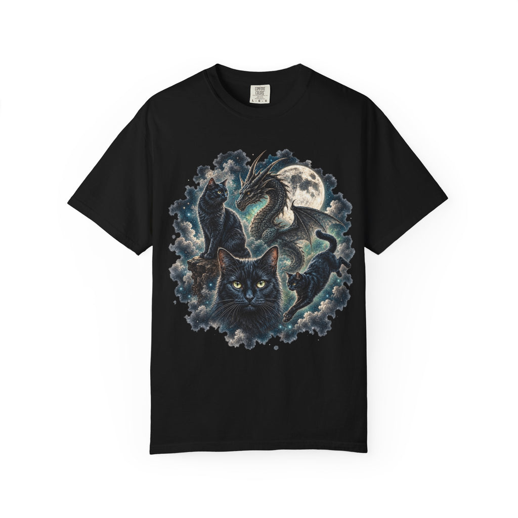 A black short-sleeve crewneck t-shirt featuring a detailed graphic print of a black cat and a dragon amidst swirling blue and white clouds and a full moon.