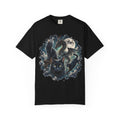 A black short-sleeve crewneck t-shirt featuring a detailed graphic print of a black cat and a dragon amidst swirling blue and white clouds and a full moon.