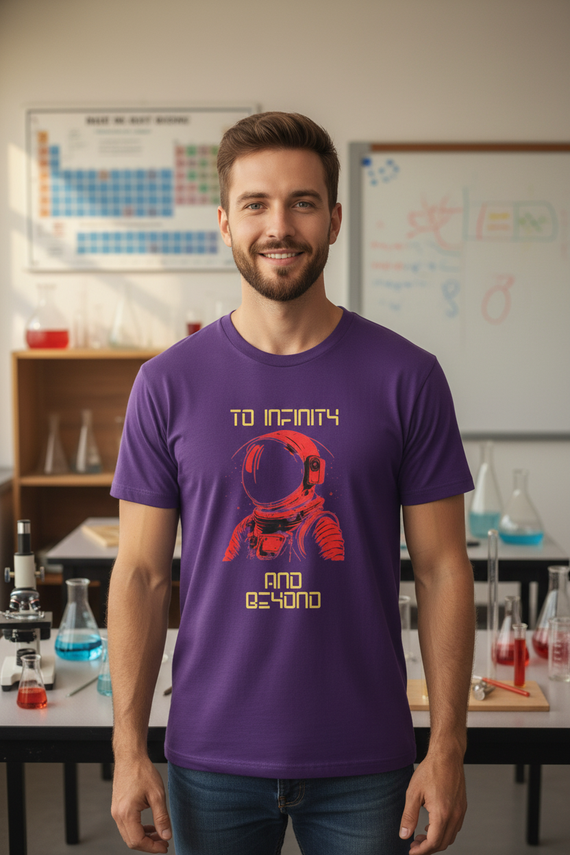 To Infinity and Beyond retro astronaut graphic tee in purple, styled photo worn by a man in a science classroom