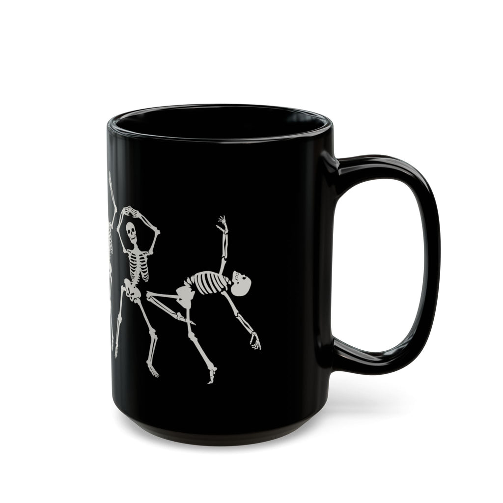 A black ceramic mug with white gothic-style text reading 'Bone Jovi' and a white skeleton dancing skeletons against a white background