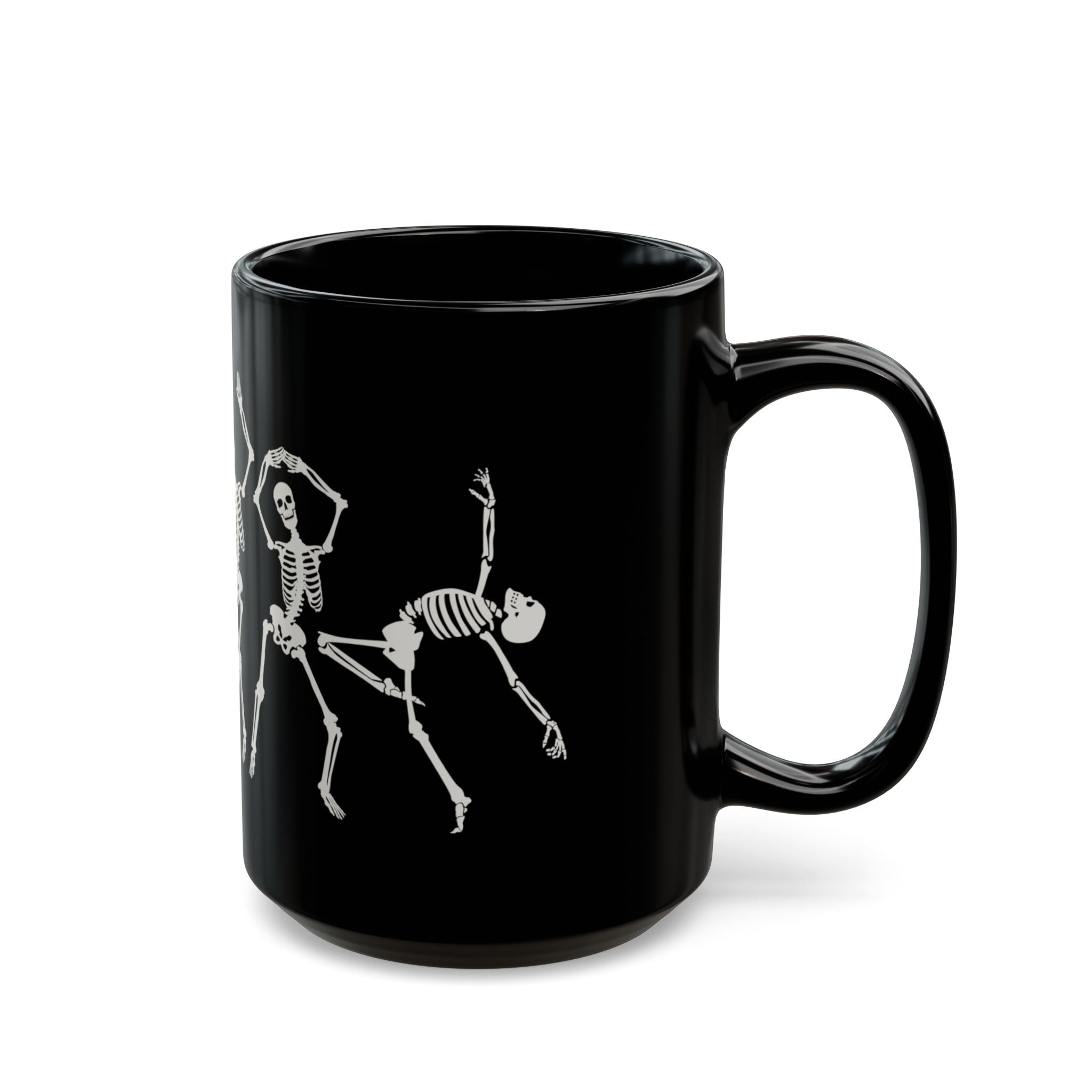 A black ceramic mug with white gothic-style text reading 'Bone Jovi' and a white skeleton dancing skeletons against a white background
