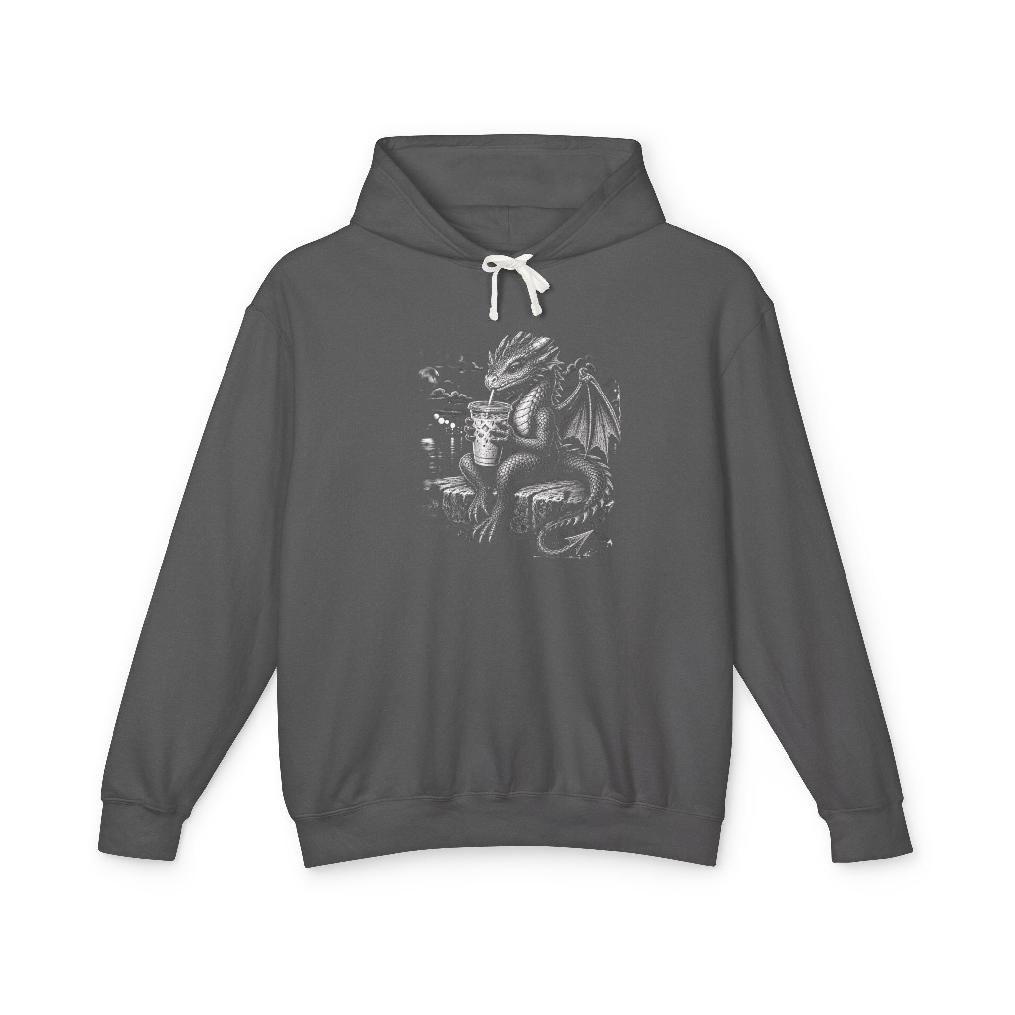 A dark gray pullover hoodie with a white graphic print of a dragon on the chest, featuring white drawstrings, shown against a plain white background.
