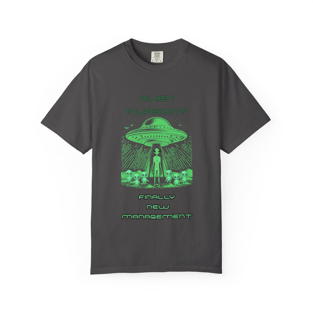 Alien Invasion Finally New Management UFO graphic tee in charcoal gray, front view
