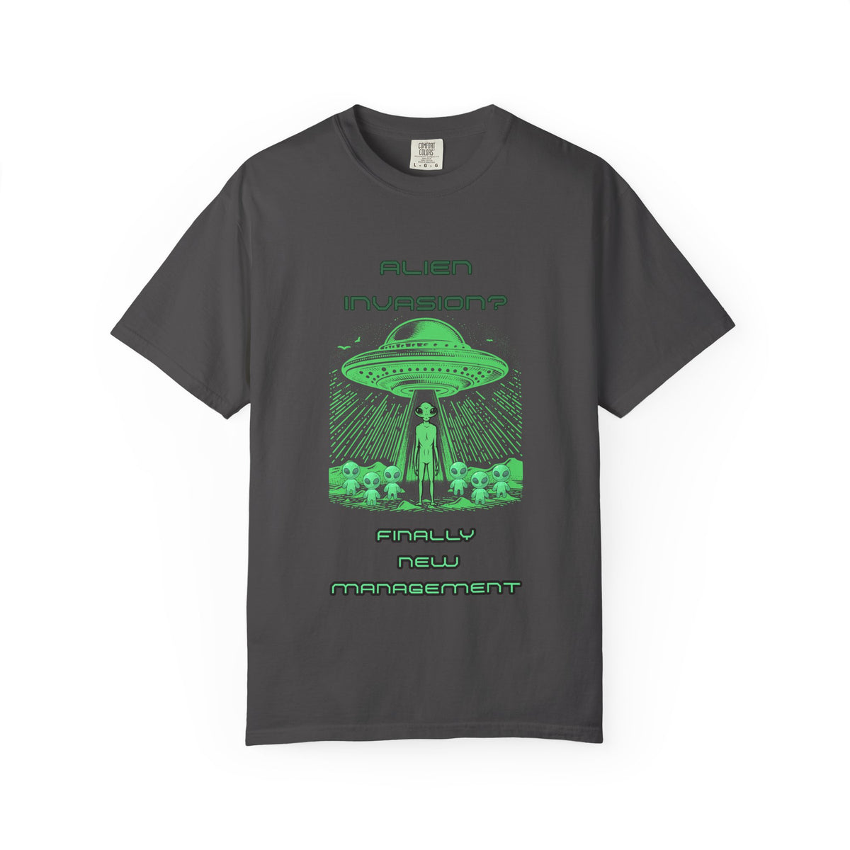 Alien Invasion Finally New Management UFO graphic tee in charcoal gray, front view