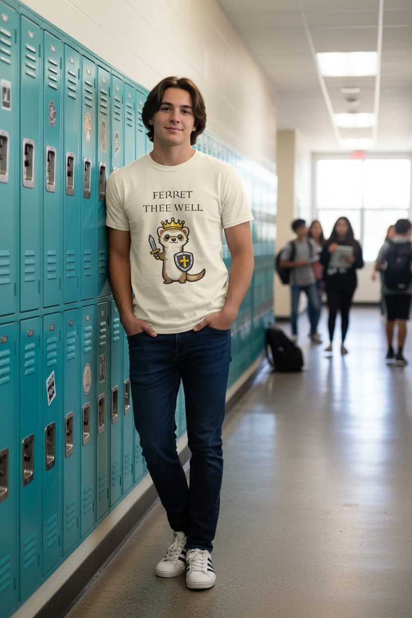 Ferret Thee Well Knight medieval ferret graphic tee, front view