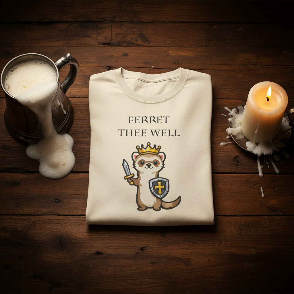 Ferret Thee Well Knight medieval ferret graphic tee, front view