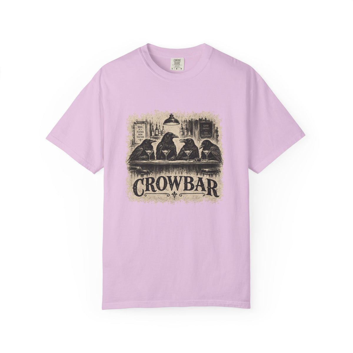 A light purple short-sleeve crewneck t-shirt featuring a vintage-style graphic of four crows sitting at a bar with the text 'CROWBAR' printed below, displayed on a clean white background.