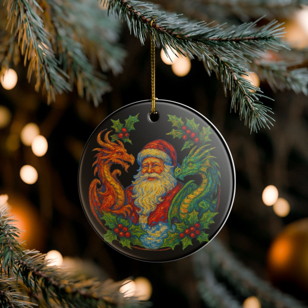 Santa & Dragons Ceramic Ornament — Fantasy Holiday Keepsake