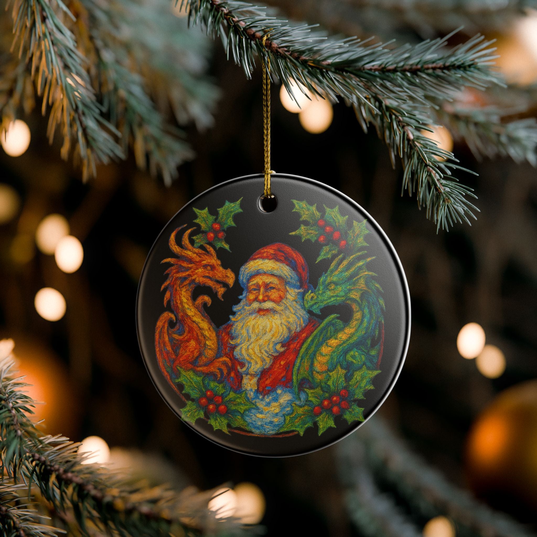 Santa & Dragons Ceramic Ornament — Fantasy Holiday Keepsake