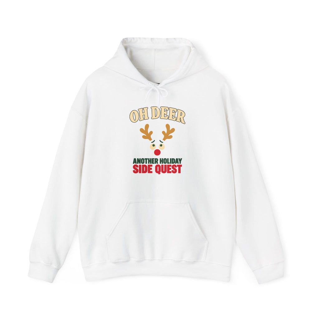 A white hoodoe with a graphic on the chest. The graphic features the text 'OH DEER' in a beige arched font above a cartoon reindeer face with gold antlers and a red nose, followed by the text 'ANOTHER HOLIDAY SIDE QUEST' in green and red.