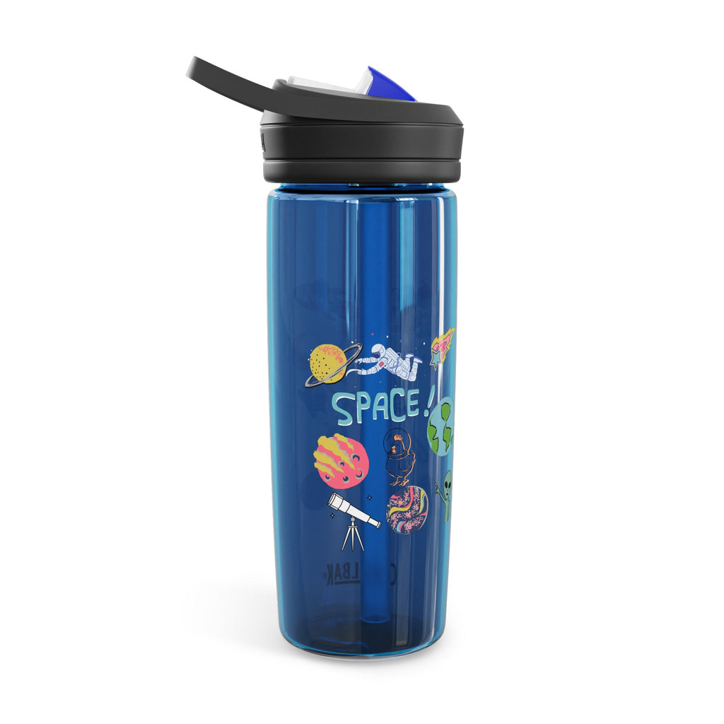 Blue water bottle with space-themed graphics on a white background