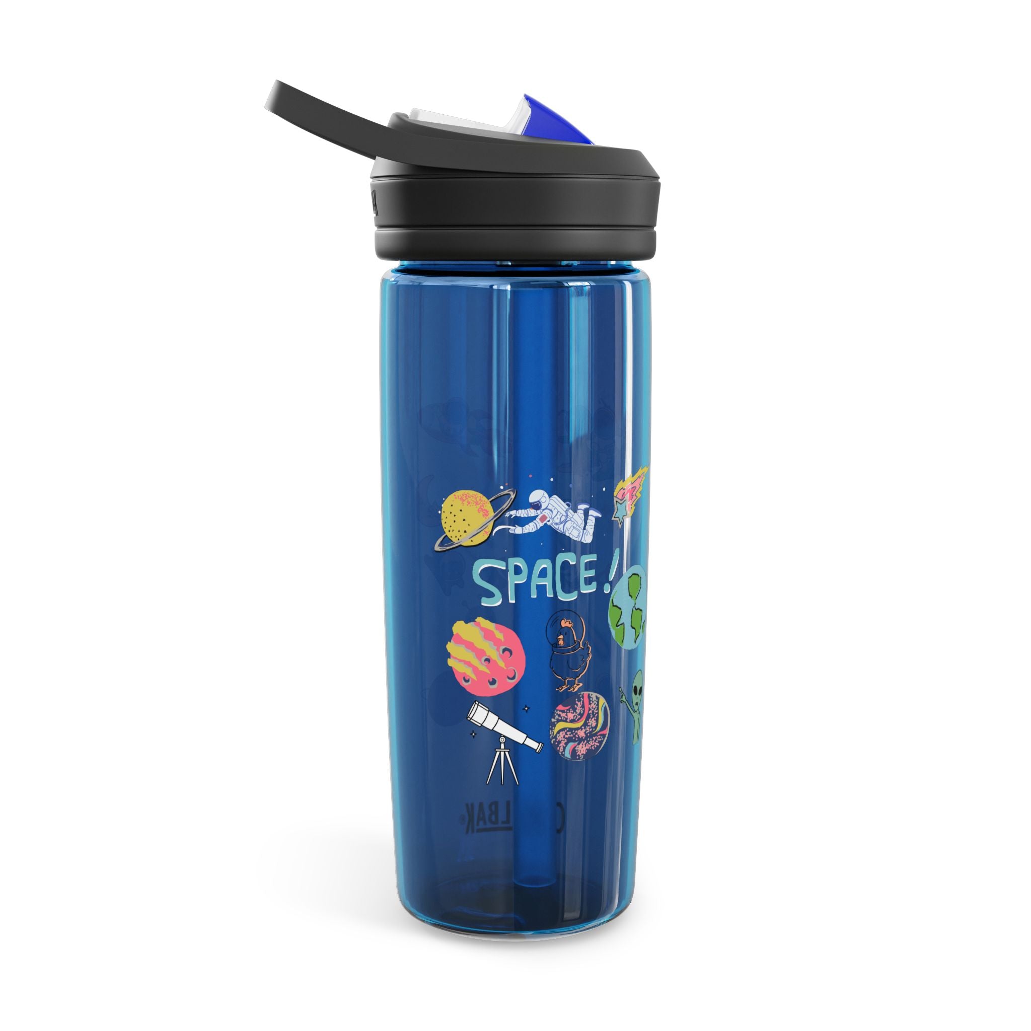 Blue water bottle with space-themed graphics on a white background
