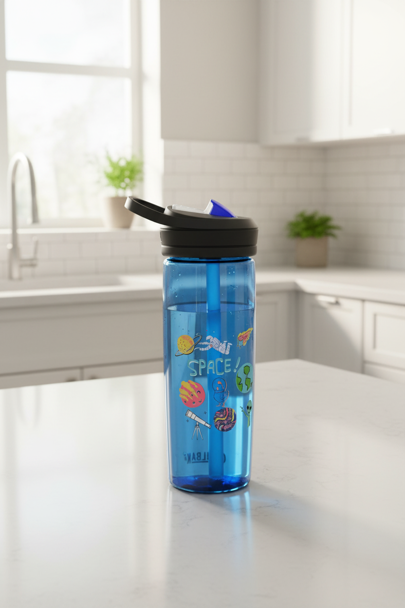Space Geek Water Bottle — Blue CamelBak Eddy 20oz with Cute Alien & Rocket Design