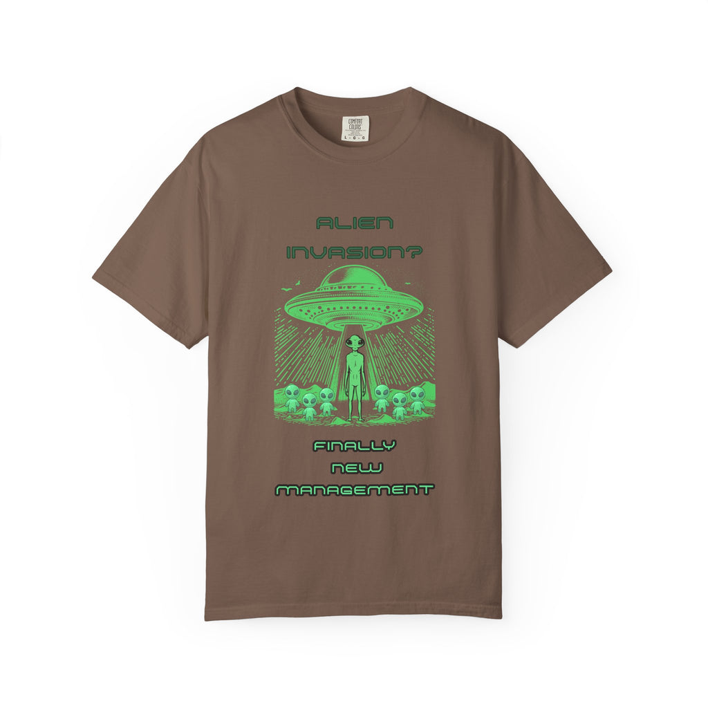 Alien Invasion Finally New Management UFO graphic tee in brown, front view