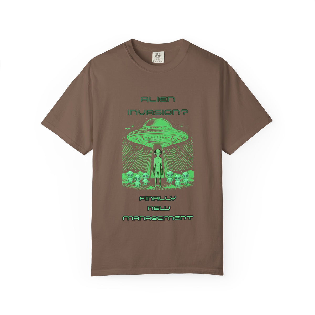 Alien Invasion Finally New Management UFO graphic tee in brown, front view