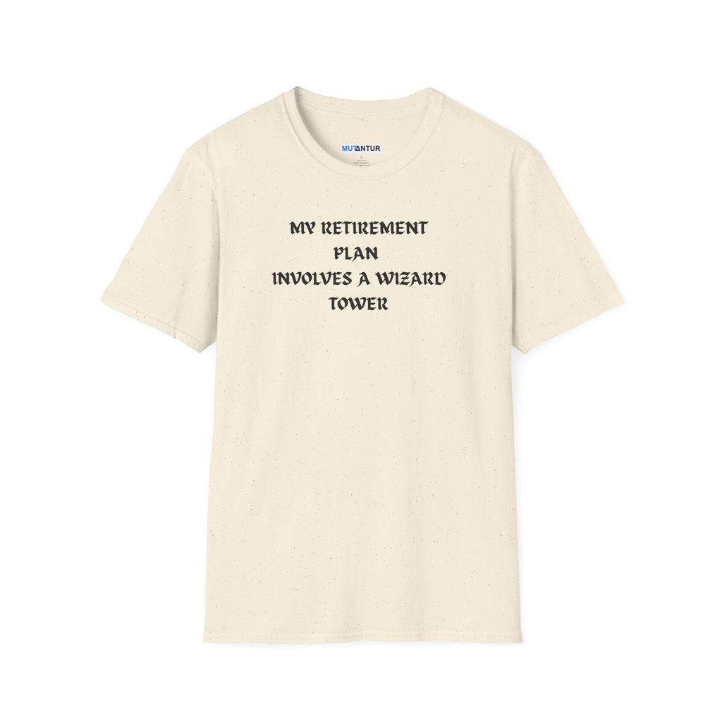 An off-white crewneck t-shirt with black text reading 'MY RETIREMENT PLAN INVOLVES A WIZARD TOWER' printed on the chest, displayed against a solid white background.