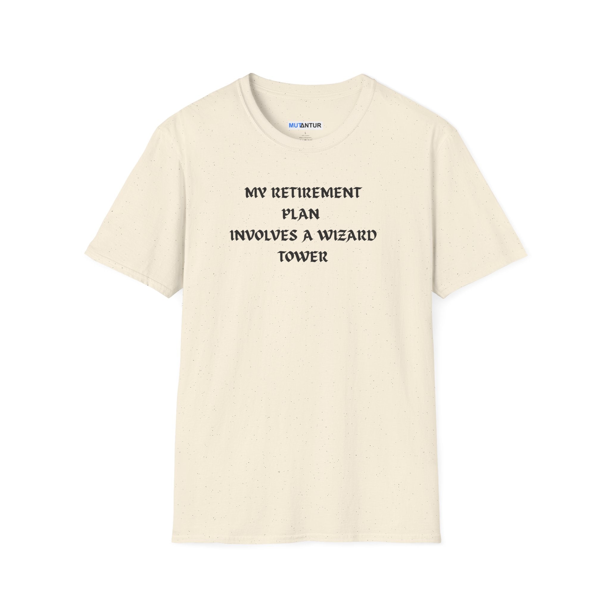 An off-white crewneck t-shirt with black text reading 'MY RETIREMENT PLAN INVOLVES A WIZARD TOWER' printed on the chest, displayed against a solid white background.