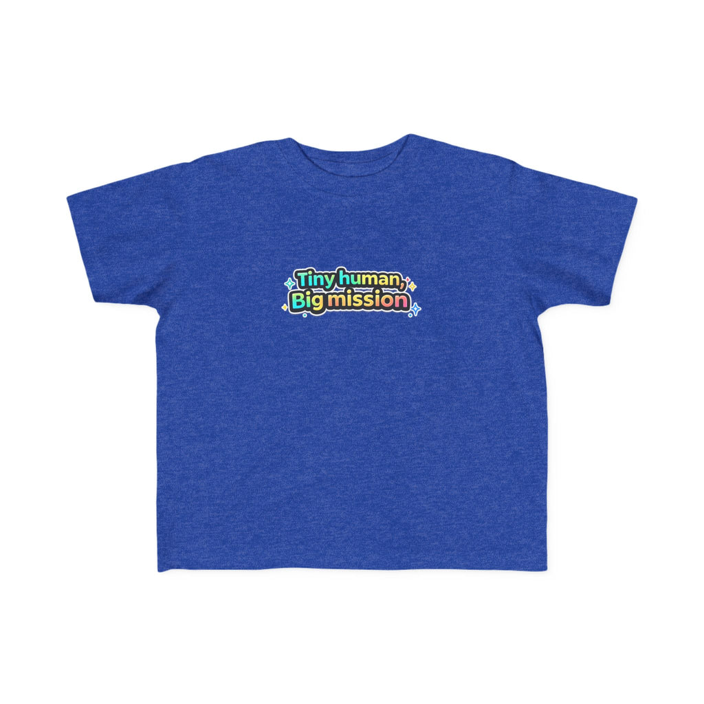 Blue t-shirt with colorful text 'Tiny human, Big mission' on a white background