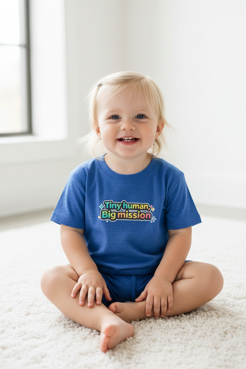 Tiny Human Big Mission Toddler T-Shirt — Colorful Sci-Fi Kids Graphic Tee